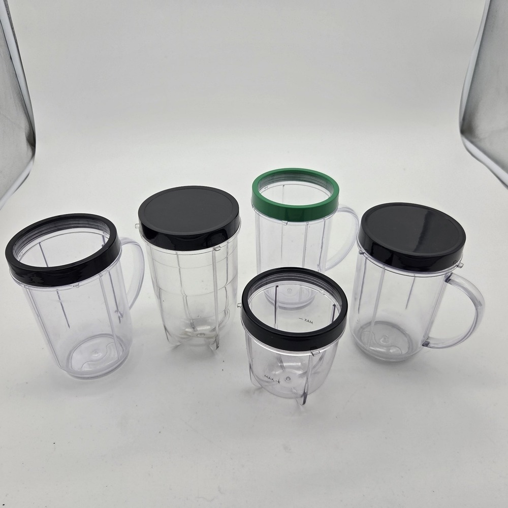Magic Bullet Lot, 5 cups / Containers, 3 edge rings, & 2 lids Green Black